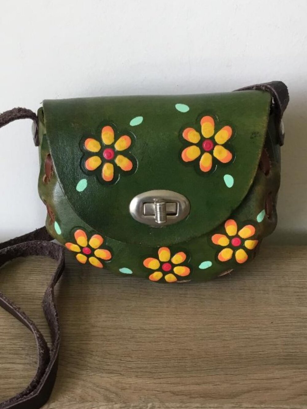Hand-Painted Green Floral Mini Crossbody Bag with Turn-Lock Closure